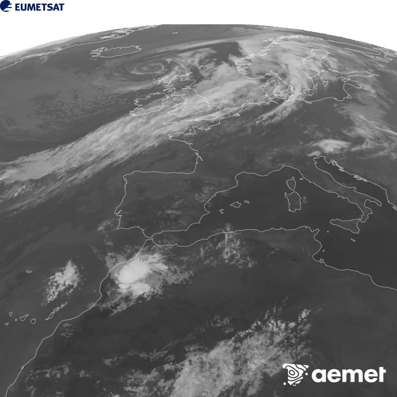 Esta imagen se genera utilizando informaci�n del canal Infrarrojo 10.5 �m del sat�lite METEOSAT-12, perteneciente a la tercera generaci�n de sat�lites Meteosat (MTG). Para que la imagen se asemeje m�s a la percepci�n del ojo humano, la escala de grises est� invertida. Las horas indicadas se refieren a la pen�nsula (una hora menos en las Islas Canarias).&nbsp;lunes, 07 septiembre 2026 a las 23:00