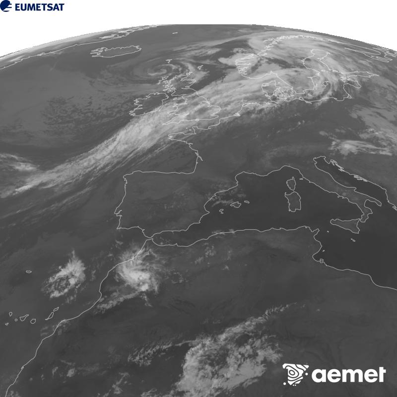 Esta imagen se genera utilizando informaci�n del canal Infrarrojo 10.5 �m del sat�lite METEOSAT-12, perteneciente a la tercera generaci�n de sat�lites Meteosat (MTG). Para que la imagen se asemeje m�s a la percepci�n del ojo humano, la escala de grises est� invertida. Las horas indicadas se refieren a la pen�nsula (una hora menos en las Islas Canarias).&nbsp;martes, 08 septiembre 2026 a las 03:00