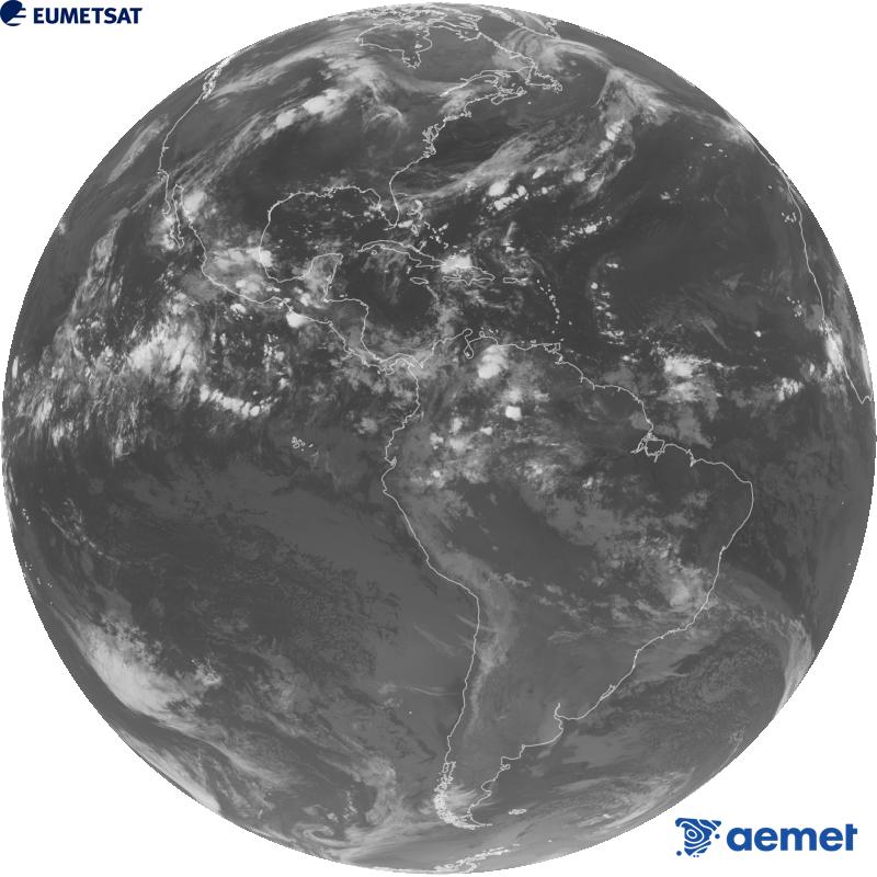 Imatge global del canal infraroig (longitud d'ona 10.3 �m) del sat�l�lit geoestacionari estatunidenc GOES-19. Les hores indicades es refereixen a la pen�nsula (una hora menys a les Illes Can�ries).&nbsp;dimarts, 8 de setembre  2026 08:00