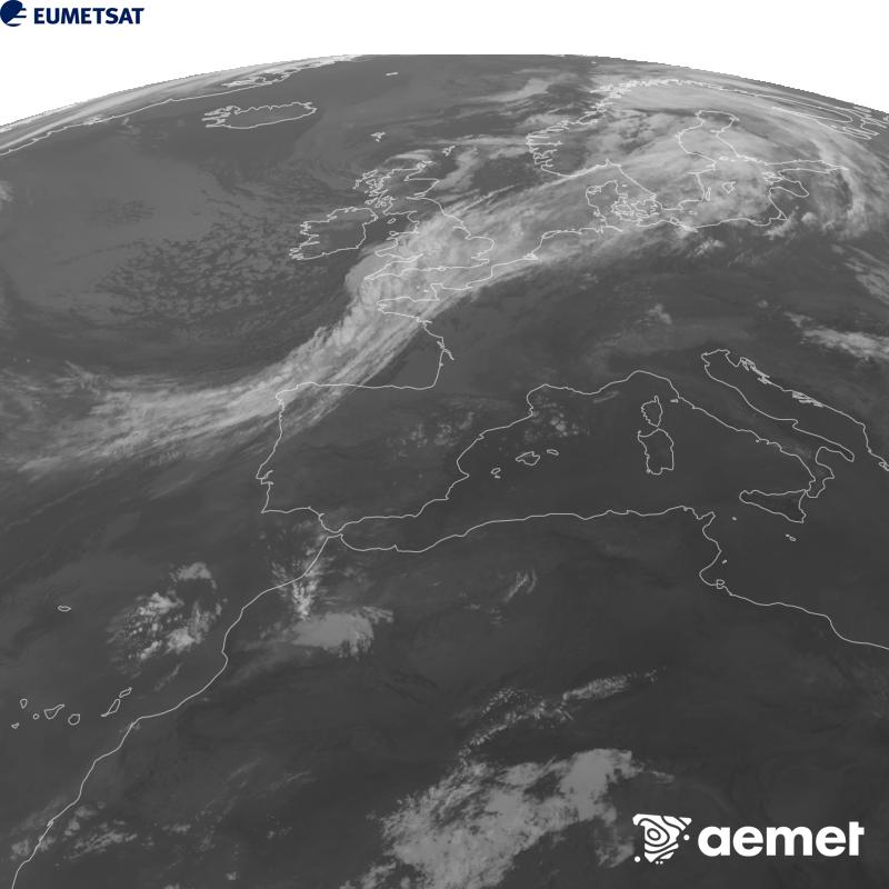 Esta imagen se genera utilizando informaci�n del canal Infrarrojo 10.5 �m del sat�lite METEOSAT-12, perteneciente a la tercera generaci�n de sat�lites Meteosat (MTG). Para que la imagen se asemeje m�s a la percepci�n del ojo humano, la escala de grises est� invertida. Las horas indicadas se refieren a la pen�nsula (una hora menos en las Islas Canarias).&nbsp;martes, 08 septiembre 2026 a las 09:00