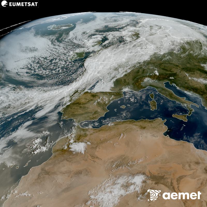 Esta imatge RGB es genera utilitzant informaci� dels canals visibles del sat�l�lit METEOSAT-12, pertanyent a la tercera generaci� de sat�l�lits Meteosat (MTG). Per eixe motiu, nom�s hi ha informaci� en la zona il�luminada pel sol. Ens mostra una imatge amb una aparen�a molt similar a la que percebria l'ull hum� des de l'espai. Les hores indicades es referixen a la pen�nsula (una hora menys a les Illes Can�ries).&nbsp;dimarts, 8 de setembre  2026 10:00