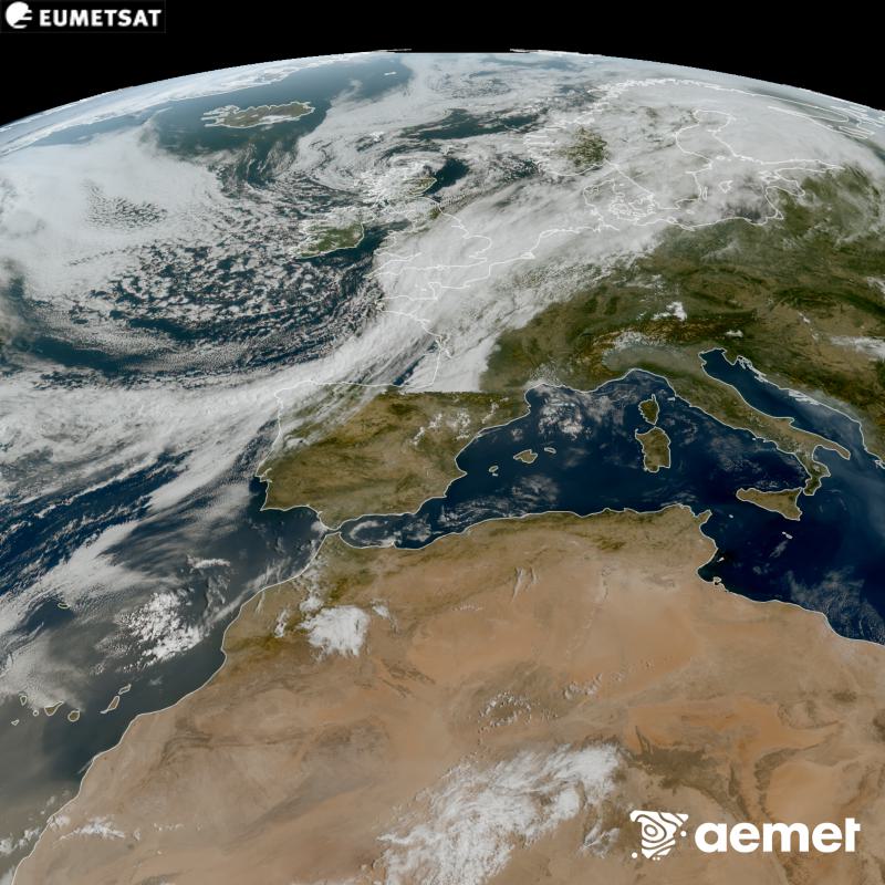 Esta imatge RGB es genera utilitzant informaci� dels canals visibles del sat�l�lit METEOSAT-12, pertanyent a la tercera generaci� de sat�l�lits Meteosat (MTG). Per eixe motiu, nom�s hi ha informaci� en la zona il�luminada pel sol. Ens mostra una imatge amb una aparen�a molt similar a la que percebria l'ull hum� des de l'espai. Les hores indicades es referixen a la pen�nsula (una hora menys a les Illes Can�ries).&nbsp;dimarts, 8 de setembre  2026 11:00