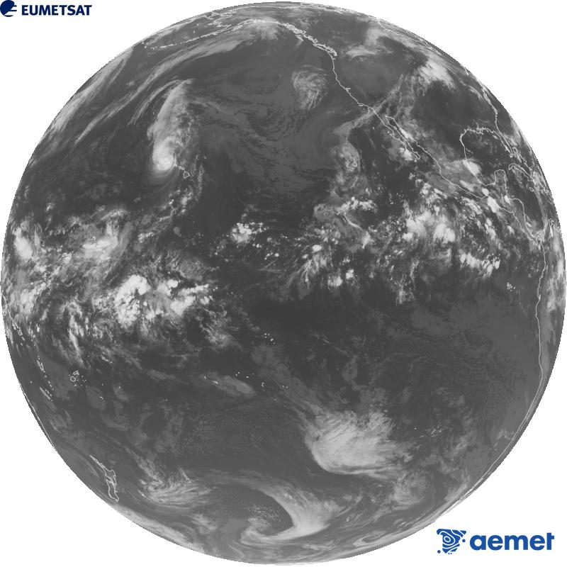 GOES-18 satelite estatubatuarraren kanal infragorriaren irudi globala (10.3 �m uhin-luzera). Ordu horiek penintsulari dagozkio (ordubete gutxiago Kanariar Uharteetan).&nbsp;asteartea, 2026ko irailak 08, ordua: 11:00