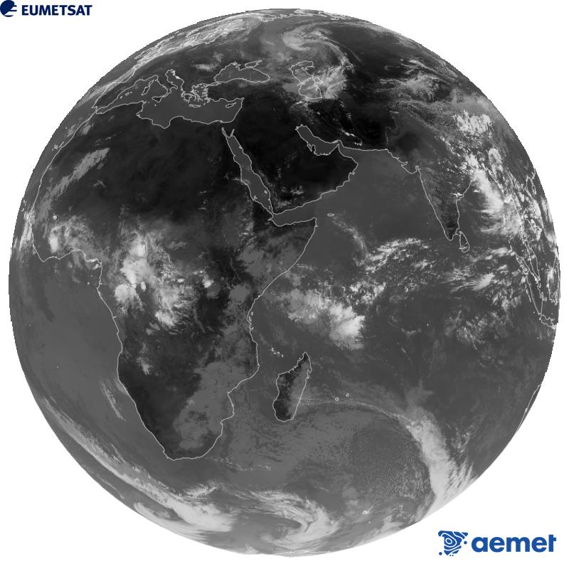 Meteosat-9 satelite geoestazionarioaren kanal infragorriaren irudi globala (10.8 �m uhin-luzera), Meteosat sateliteen bigarren belaunaldikoa. Ordu horiek penintsulari dagozkio (ordubete gutxiago Kanariar Uharteetan).&nbsp;asteartea, 2026ko irailak 08, ordua: 11:00