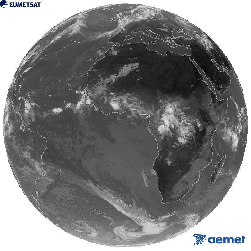 Meteosat-12 satelite geoestazionarioaren kanal infragorriaren irudi globala (10.5 �m uhin-luzera), Meteosat sateliteen hirugarren belaunaldikoa. Ordu horiek penintsulari dagozkio (ordubete gutxiago Kanariar Uharteetan).&nbsp;asteartea, 2026ko irailak 08, ordua: 11:00
