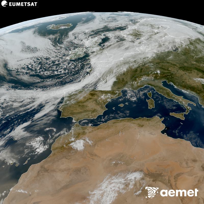 Esta imatge RGB es genera utilitzant informaci� dels canals visibles del sat�l�lit METEOSAT-12, pertanyent a la tercera generaci� de sat�l�lits Meteosat (MTG). Per eixe motiu, nom�s hi ha informaci� en la zona il�luminada pel sol. Ens mostra una imatge amb una aparen�a molt similar a la que percebria l'ull hum� des de l'espai. Les hores indicades es referixen a la pen�nsula (una hora menys a les Illes Can�ries).&nbsp;dimarts, 8 de setembre  2026 12:00