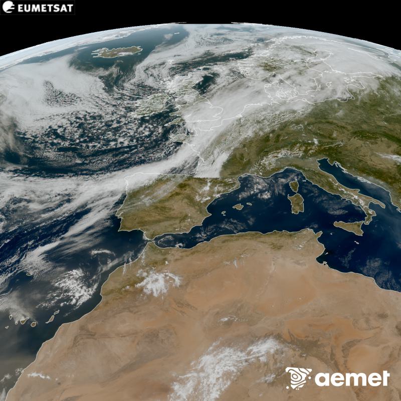 Esta imatge RGB es genera utilitzant informaci� dels canals visibles del sat�l�lit METEOSAT-12, pertanyent a la tercera generaci� de sat�l�lits Meteosat (MTG). Per eixe motiu, nom�s hi ha informaci� en la zona il�luminada pel sol. Ens mostra una imatge amb una aparen�a molt similar a la que percebria l'ull hum� des de l'espai. Les hores indicades es referixen a la pen�nsula (una hora menys a les Illes Can�ries).&nbsp;dimarts, 8 de setembre  2026 13:00
