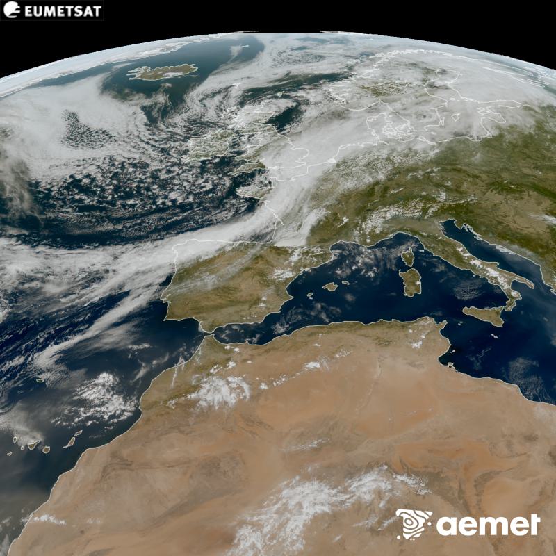 Esta imatge RGB es genera utilitzant informaci� dels canals visibles del sat�l�lit METEOSAT-12, pertanyent a la tercera generaci� de sat�l�lits Meteosat (MTG). Per eixe motiu, nom�s hi ha informaci� en la zona il�luminada pel sol. Ens mostra una imatge amb una aparen�a molt similar a la que percebria l'ull hum� des de l'espai. Les hores indicades es referixen a la pen�nsula (una hora menys a les Illes Can�ries).&nbsp;dimarts, 8 de setembre  2026 14:00