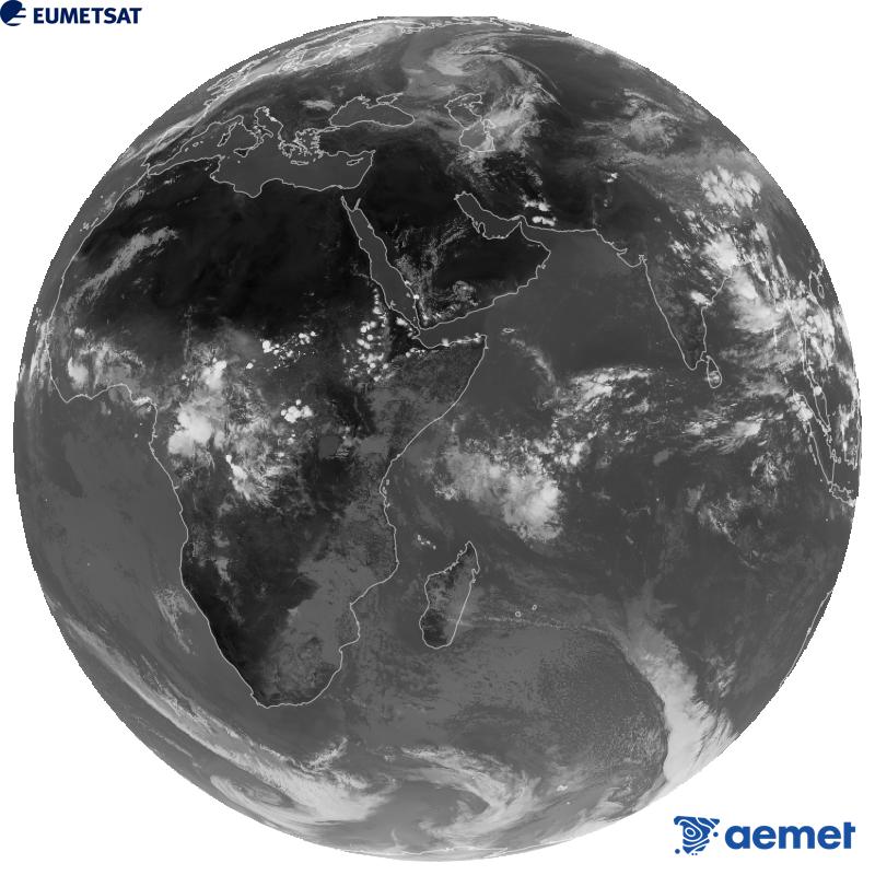 Meteosat-9 satelite geoestazionarioaren kanal infragorriaren irudi globala (10.8 �m uhin-luzera), Meteosat sateliteen bigarren belaunaldikoa. Ordu horiek penintsulari dagozkio (ordubete gutxiago Kanariar Uharteetan).&nbsp;asteartea, 2026ko irailak 08, ordua: 14:00