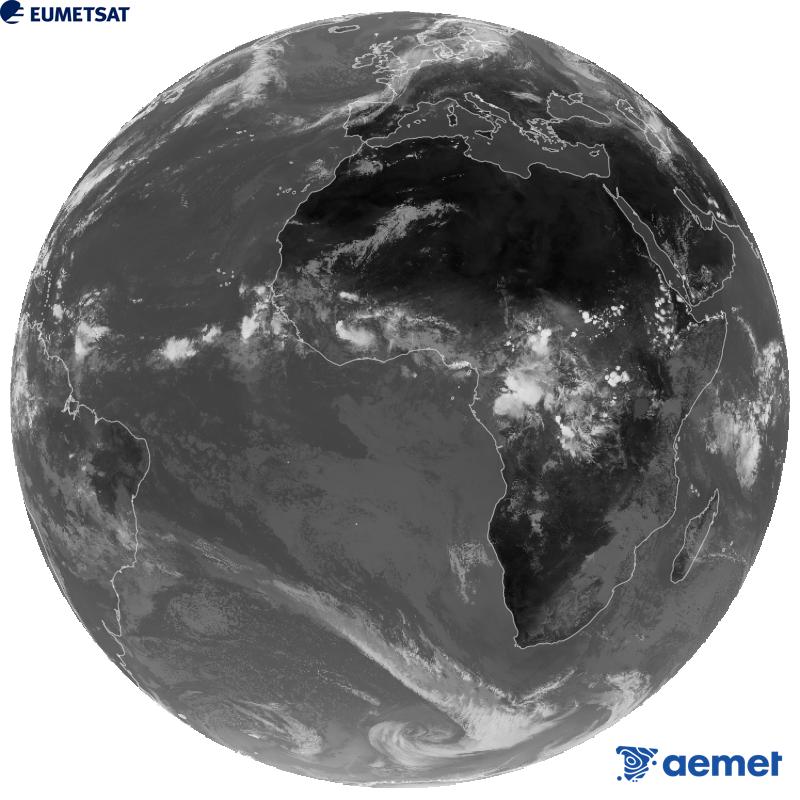 Meteosat-12 satelite geoestazionarioaren kanal infragorriaren irudi globala (10.5 �m uhin-luzera), Meteosat sateliteen hirugarren belaunaldikoa. Ordu horiek penintsulari dagozkio (ordubete gutxiago Kanariar Uharteetan).&nbsp;asteartea, 2026ko irailak 08, ordua: 14:00