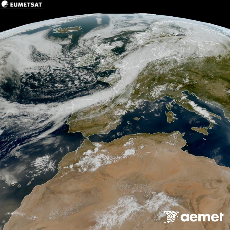 Esta imatge RGB es genera utilitzant informaci� dels canals visibles del sat�l�lit METEOSAT-12, pertanyent a la tercera generaci� de sat�l�lits Meteosat (MTG). Per eixe motiu, nom�s hi ha informaci� en la zona il�luminada pel sol. Ens mostra una imatge amb una aparen�a molt similar a la que percebria l'ull hum� des de l'espai. Les hores indicades es referixen a la pen�nsula (una hora menys a les Illes Can�ries).&nbsp;dimarts, 8 de setembre  2026 16:00