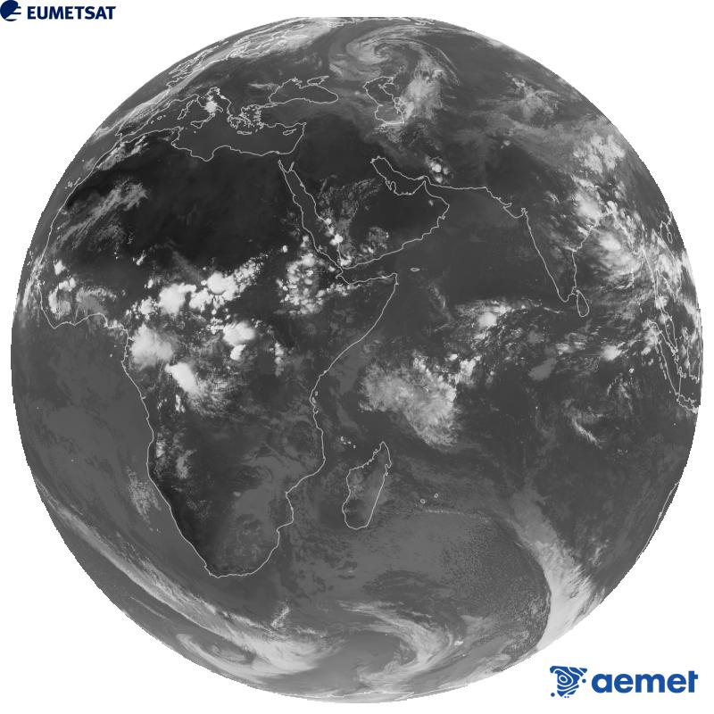 Meteosat-9 satelite geoestazionarioaren kanal infragorriaren irudi globala (10.8 �m uhin-luzera), Meteosat sateliteen bigarren belaunaldikoa. Ordu horiek penintsulari dagozkio (ordubete gutxiago Kanariar Uharteetan).&nbsp;asteartea, 2026ko irailak 08, ordua: 17:00