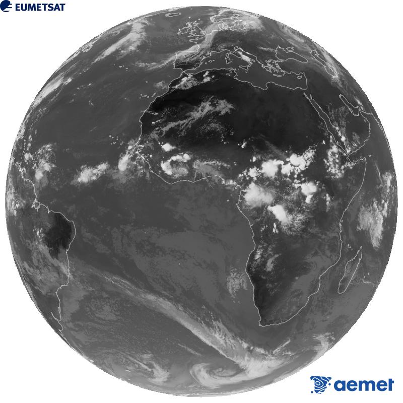 Meteosat-12 satelite geoestazionarioaren kanal infragorriaren irudi globala (10.5 �m uhin-luzera), Meteosat sateliteen hirugarren belaunaldikoa. Ordu horiek penintsulari dagozkio (ordubete gutxiago Kanariar Uharteetan).&nbsp;asteartea, 2026ko irailak 08, ordua: 17:00