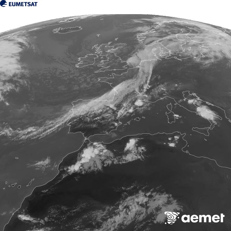 Esta imagen se genera utilizando informaci�n del canal Infrarrojo 10.5 �m del sat�lite METEOSAT-12, perteneciente a la tercera generaci�n de sat�lites Meteosat (MTG). Para que la imagen se asemeje m�s a la percepci�n del ojo humano, la escala de grises est� invertida. Las horas indicadas se refieren a la pen�nsula (una hora menos en las Islas Canarias).&nbsp;martes, 08 septiembre 2026 a las 19:00