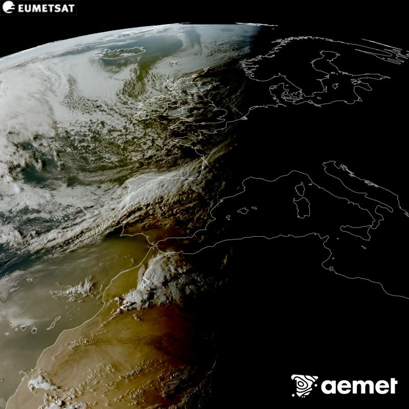 Esta imatge RGB es genera utilitzant informaci� dels canals visibles del sat�l�lit METEOSAT-12, pertanyent a la tercera generaci� de sat�l�lits Meteosat (MTG). Per eixe motiu, nom�s hi ha informaci� en la zona il�luminada pel sol. Ens mostra una imatge amb una aparen�a molt similar a la que percebria l'ull hum� des de l'espai. Les hores indicades es referixen a la pen�nsula (una hora menys a les Illes Can�ries).&nbsp;dimarts, 8 de setembre  2026 20:00