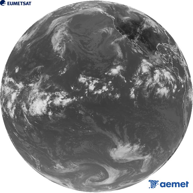GOES-18 satelite estatubatuarraren kanal infragorriaren irudi globala (10.3 �m uhin-luzera). Ordu horiek penintsulari dagozkio (ordubete gutxiago Kanariar Uharteetan).&nbsp;asteartea, 2026ko irailak 08, ordua: 20:00