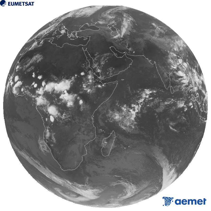 Meteosat-9 satelite geoestazionarioaren kanal infragorriaren irudi globala (10.8 �m uhin-luzera), Meteosat sateliteen bigarren belaunaldikoa. Ordu horiek penintsulari dagozkio (ordubete gutxiago Kanariar Uharteetan).&nbsp;asteartea, 2026ko irailak 08, ordua: 20:00