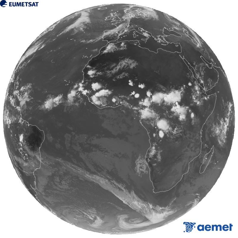 Meteosat-12 satelite geoestazionarioaren kanal infragorriaren irudi globala (10.5 �m uhin-luzera), Meteosat sateliteen hirugarren belaunaldikoa. Ordu horiek penintsulari dagozkio (ordubete gutxiago Kanariar Uharteetan).&nbsp;asteartea, 2026ko irailak 08, ordua: 20:00