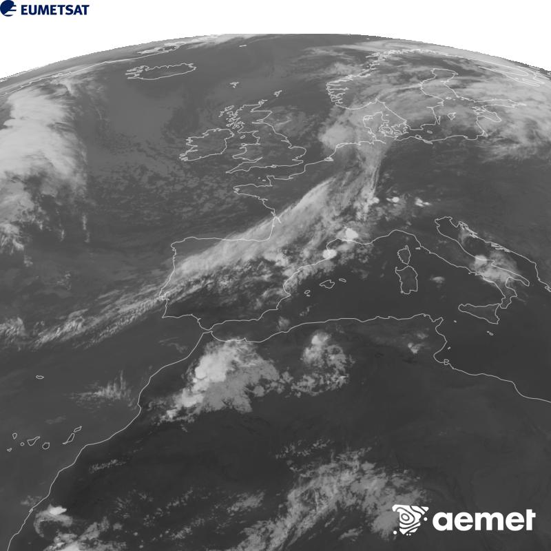 Esta imagen se genera utilizando informaci�n del canal Infrarrojo 10.5 �m del sat�lite METEOSAT-12, perteneciente a la tercera generaci�n de sat�lites Meteosat (MTG). Para que la imagen se asemeje m�s a la percepci�n del ojo humano, la escala de grises est� invertida. Las horas indicadas se refieren a la pen�nsula (una hora menos en las Islas Canarias).&nbsp;martes, 08 septiembre 2026 a las 21:00