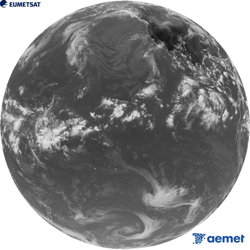 GOES-18 satelite estatubatuarraren kanal infragorriaren irudi globala (10.3 �m uhin-luzera). Ordu horiek penintsulari dagozkio (ordubete gutxiago Kanariar Uharteetan).&nbsp;asteartea, 2026ko irailak 08, ordua: 23:00
