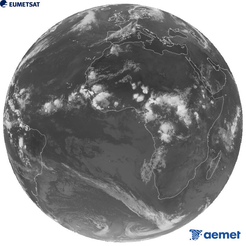 Meteosat-12 satelite geoestazionarioaren kanal infragorriaren irudi globala (10.5 �m uhin-luzera), Meteosat sateliteen hirugarren belaunaldikoa. Ordu horiek penintsulari dagozkio (ordubete gutxiago Kanariar Uharteetan).&nbsp;asteartea, 2026ko irailak 08, ordua: 23:00