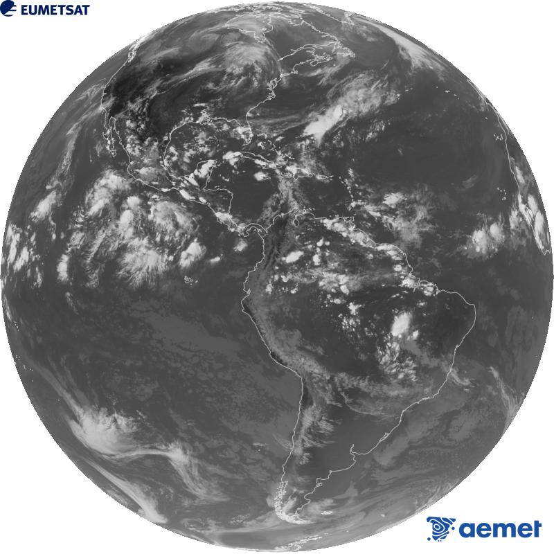 Imatge global del canal infraroig (longitud d'ona 10.3 �m) del sat�l�lit geoestacionari estatunidenc GOES-19. Les hores indicades es refereixen a la pen�nsula (una hora menys a les Illes Can�ries).&nbsp;dimarts, 8 de setembre  2026 23:00