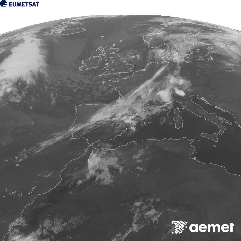 Esta imatge es genera utilitzant informaci� del canal Infraroig 10.5 �m del sat�l�lit METEOSAT-12, pertanyent a la tercera generaci� de sat�l�lits Meteosat (MTG). Perqu� la imatge s'assemble m�s a la percepci� de l'ull hum�, l'escala de grises est� invertida. Les hores indicades es referixen a la pen�nsula (una hora menys a les Illes Can�ries).&nbsp;dimecres, 9 de setembre  2026 01:00