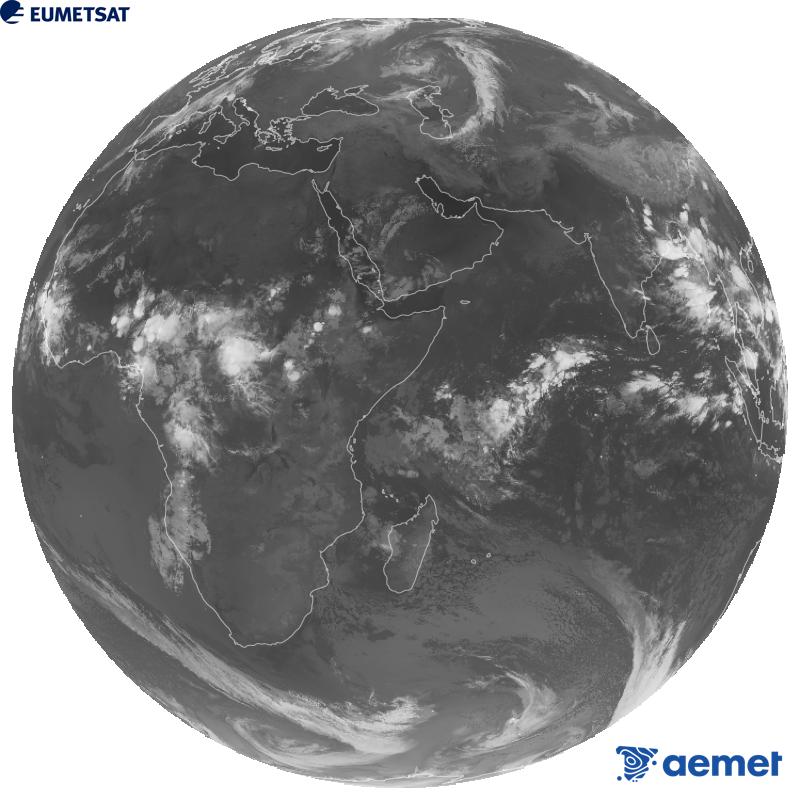 Meteosat-9 satelite geoestazionarioaren kanal infragorriaren irudi globala (10.8 �m uhin-luzera), Meteosat sateliteen bigarren belaunaldikoa. Ordu horiek penintsulari dagozkio (ordubete gutxiago Kanariar Uharteetan).&nbsp;asteazkena, 2026ko irailak 09, ordua: 02:00