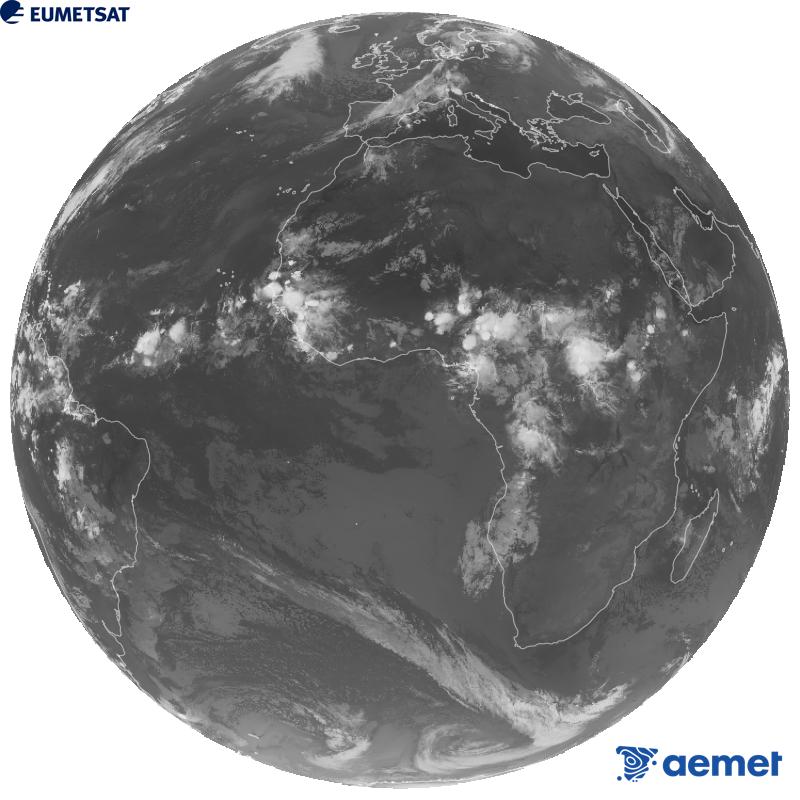 Meteosat-12 satelite geoestazionarioaren kanal infragorriaren irudi globala (10.5 �m uhin-luzera), Meteosat sateliteen hirugarren belaunaldikoa. Ordu horiek penintsulari dagozkio (ordubete gutxiago Kanariar Uharteetan).&nbsp;asteazkena, 2026ko irailak 09, ordua: 02:00