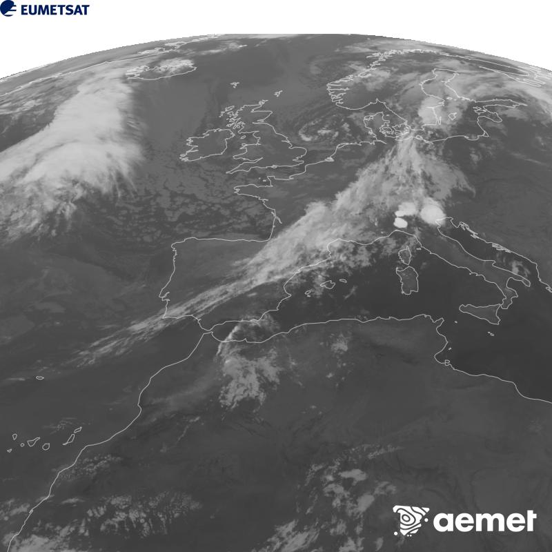 Esta imatge es genera utilitzant informaci� del canal Infraroig 10.5 �m del sat�l�lit METEOSAT-12, pertanyent a la tercera generaci� de sat�l�lits Meteosat (MTG). Perqu� la imatge s'assemble m�s a la percepci� de l'ull hum�, l'escala de grises est� invertida. Les hores indicades es referixen a la pen�nsula (una hora menys a les Illes Can�ries).&nbsp;dimecres, 9 de setembre  2026 05:00