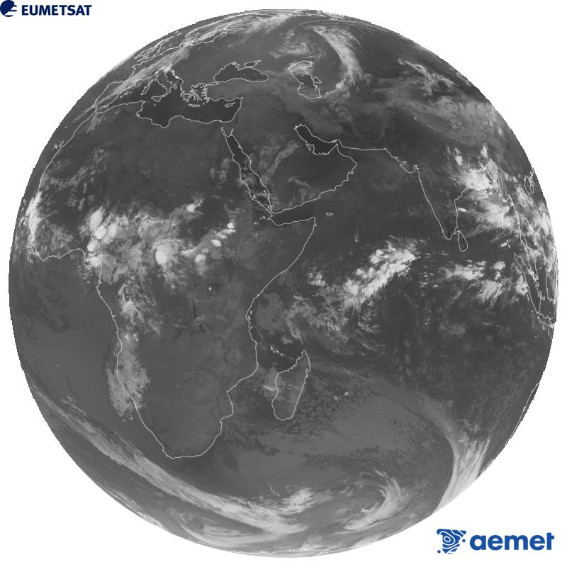 Meteosat-9 satelite geoestazionarioaren kanal infragorriaren irudi globala (10.8 �m uhin-luzera), Meteosat sateliteen bigarren belaunaldikoa. Ordu horiek penintsulari dagozkio (ordubete gutxiago Kanariar Uharteetan).&nbsp;asteazkena, 2026ko irailak 09, ordua: 05:00