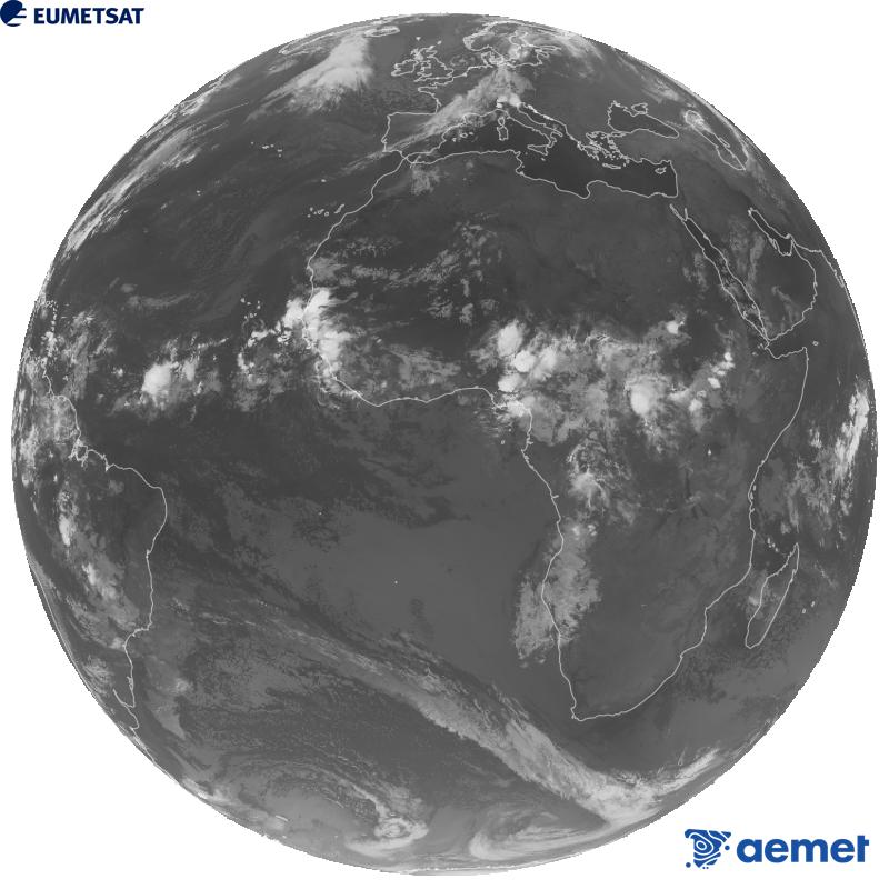 Meteosat-12 satelite geoestazionarioaren kanal infragorriaren irudi globala (10.5 �m uhin-luzera), Meteosat sateliteen hirugarren belaunaldikoa. Ordu horiek penintsulari dagozkio (ordubete gutxiago Kanariar Uharteetan).&nbsp;asteazkena, 2026ko irailak 09, ordua: 05:00