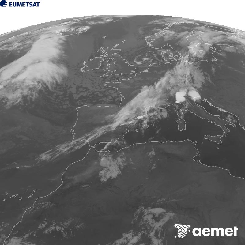Esta imatge es genera utilitzant informaci� del canal Infraroig 10.5 �m del sat�l�lit METEOSAT-12, pertanyent a la tercera generaci� de sat�l�lits Meteosat (MTG). Perqu� la imatge s'assemble m�s a la percepci� de l'ull hum�, l'escala de grises est� invertida. Les hores indicades es referixen a la pen�nsula (una hora menys a les Illes Can�ries).&nbsp;dimecres, 9 de setembre  2026 06:00