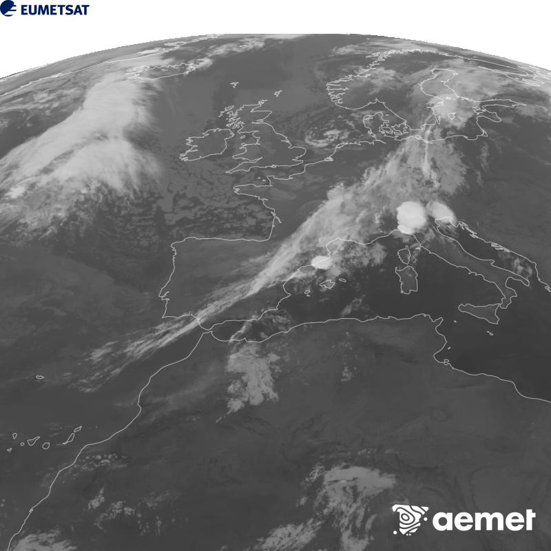 Esta imatge es genera utilitzant informaci� del canal Infraroig 10.5 �m del sat�l�lit METEOSAT-12, pertanyent a la tercera generaci� de sat�l�lits Meteosat (MTG). Perqu� la imatge s'assemble m�s a la percepci� de l'ull hum�, l'escala de grises est� invertida. Les hores indicades es referixen a la pen�nsula (una hora menys a les Illes Can�ries).&nbsp;dimecres, 9 de setembre  2026 07:00
