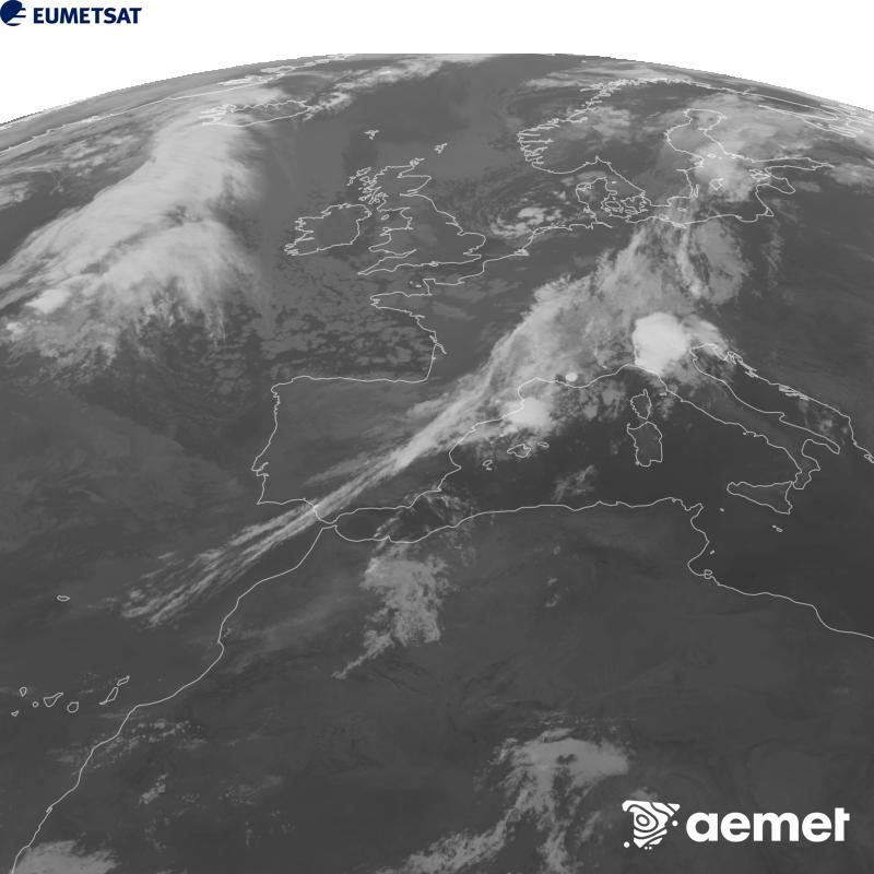 Esta imatge es genera utilitzant informaci� del canal Infraroig 10.5 �m del sat�l�lit METEOSAT-12, pertanyent a la tercera generaci� de sat�l�lits Meteosat (MTG). Perqu� la imatge s'assemble m�s a la percepci� de l'ull hum�, l'escala de grises est� invertida. Les hores indicades es referixen a la pen�nsula (una hora menys a les Illes Can�ries).&nbsp;dimecres, 9 de setembre  2026 08:00