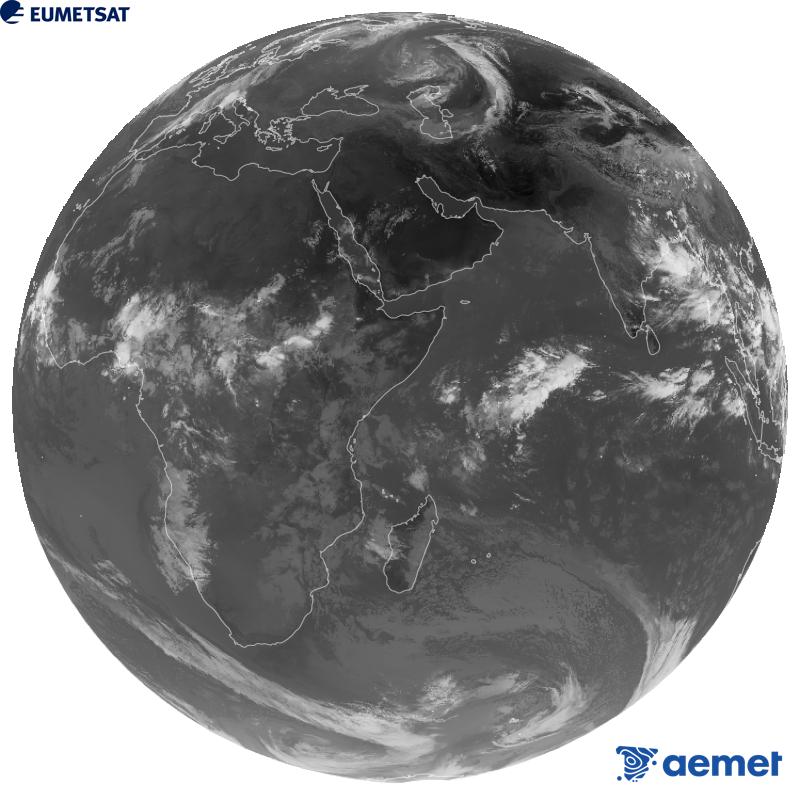 Meteosat-9 satelite geoestazionarioaren kanal infragorriaren irudi globala (10.8 �m uhin-luzera), Meteosat sateliteen bigarren belaunaldikoa. Ordu horiek penintsulari dagozkio (ordubete gutxiago Kanariar Uharteetan).&nbsp;asteazkena, 2026ko irailak 09, ordua: 08:00