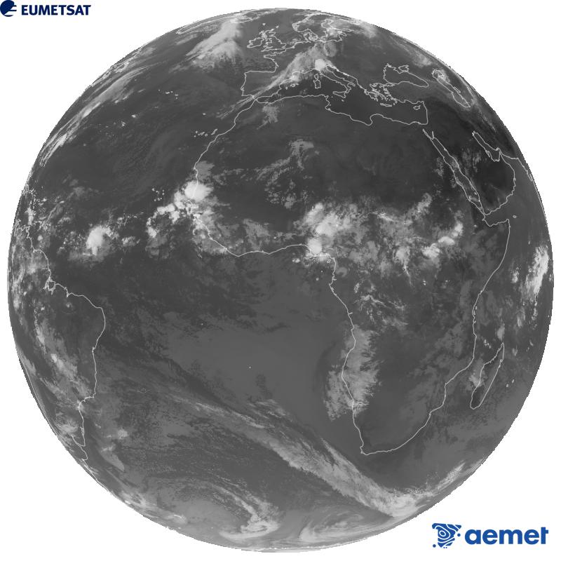 Meteosat-12 satelite geoestazionarioaren kanal infragorriaren irudi globala (10.5 �m uhin-luzera), Meteosat sateliteen hirugarren belaunaldikoa. Ordu horiek penintsulari dagozkio (ordubete gutxiago Kanariar Uharteetan).&nbsp;asteazkena, 2026ko irailak 09, ordua: 08:00
