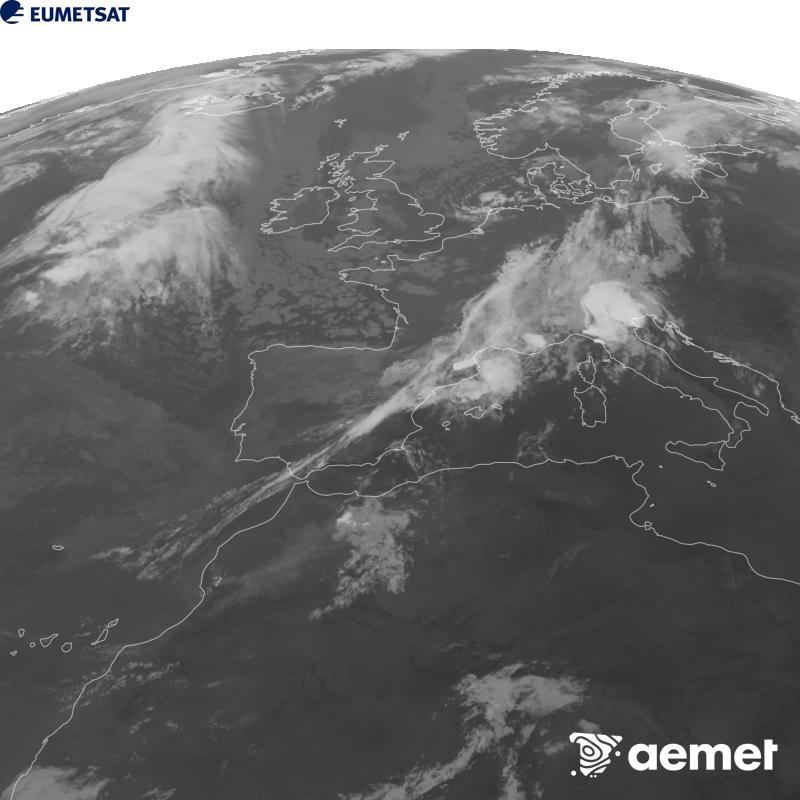 Esta imatge es genera utilitzant informaci� del canal Infraroig 10.5 �m del sat�l�lit METEOSAT-12, pertanyent a la tercera generaci� de sat�l�lits Meteosat (MTG). Perqu� la imatge s'assemble m�s a la percepci� de l'ull hum�, l'escala de grises est� invertida. Les hores indicades es referixen a la pen�nsula (una hora menys a les Illes Can�ries).&nbsp;dimecres, 9 de setembre  2026 09:00