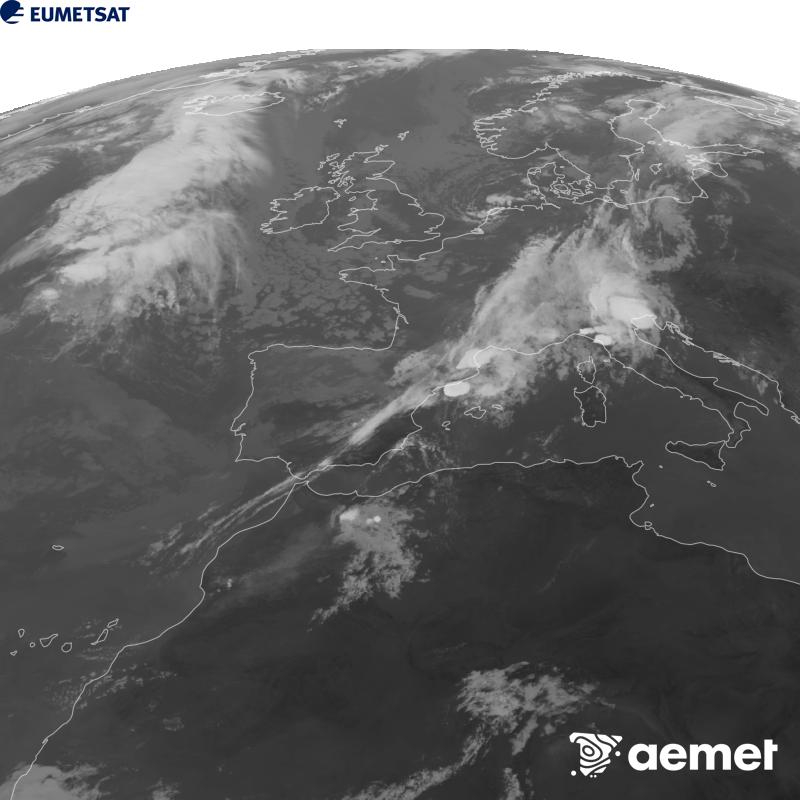 Esta imatge es genera utilitzant informaci� del canal Infraroig 10.5 �m del sat�l�lit METEOSAT-12, pertanyent a la tercera generaci� de sat�l�lits Meteosat (MTG). Perqu� la imatge s'assemble m�s a la percepci� de l'ull hum�, l'escala de grises est� invertida. Les hores indicades es referixen a la pen�nsula (una hora menys a les Illes Can�ries).&nbsp;dimecres, 9 de setembre  2026 10:00