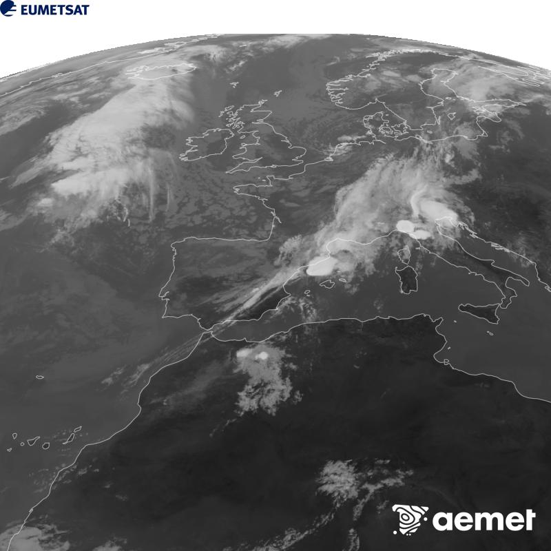 Esta imaxe x�rase utilizando informaci�n da canle Infravermella 10.5 �m do sat�lite METEOSAT-12, pertencente � terceira xeraci�n de sat�lites Meteosat (MTG). Para que a imaxe se asemelle m�is � percepci�n do ollo humano, a escala de grises est� investida. As horas indicadas ref�rense � pen�nsula (unha hora menos nas Illas Canarias).&nbsp;m�rcores, 9 setembro  2026 11:00