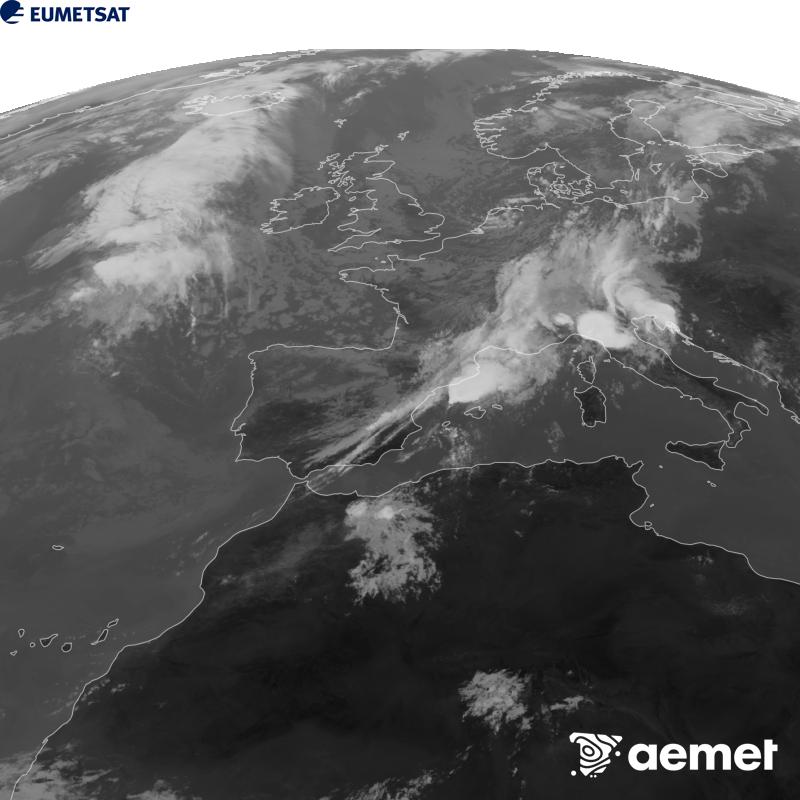 Esta imaxe x�rase utilizando informaci�n da canle Infravermella 10.5 �m do sat�lite METEOSAT-12, pertencente � terceira xeraci�n de sat�lites Meteosat (MTG). Para que a imaxe se asemelle m�is � percepci�n do ollo humano, a escala de grises est� investida. As horas indicadas ref�rense � pen�nsula (unha hora menos nas Illas Canarias).&nbsp;m�rcores, 9 setembro  2026 12:00