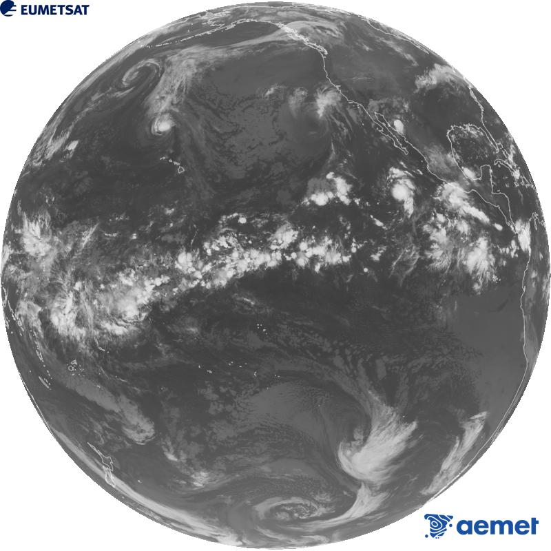 Imagen global del canal infrarrojo (longitud de onda 10.3 �m) del sat�lite estadounidense GOES-18. Las horas indicadas se refieren a la pen�nsula (una hora menos en las Islas Canarias).&nbsp;mi�rcoles, 09 septiembre 2026 a las 14:00