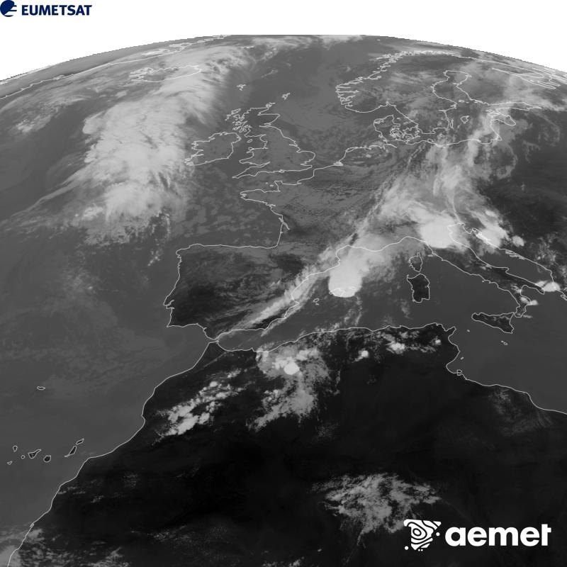 Esta imaxe x�rase utilizando informaci�n da canle Infravermella 10.5 �m do sat�lite METEOSAT-12, pertencente � terceira xeraci�n de sat�lites Meteosat (MTG). Para que a imaxe se asemelle m�is � percepci�n do ollo humano, a escala de grises est� investida. As horas indicadas ref�rense � pen�nsula (unha hora menos nas Illas Canarias).&nbsp;m�rcores, 9 setembro  2026 15:00