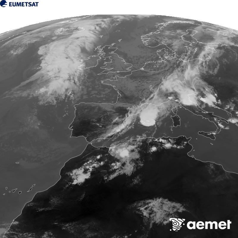 Esta imaxe x�rase utilizando informaci�n da canle Infravermella 10.5 �m do sat�lite METEOSAT-12, pertencente � terceira xeraci�n de sat�lites Meteosat (MTG). Para que a imaxe se asemelle m�is � percepci�n do ollo humano, a escala de grises est� investida. As horas indicadas ref�rense � pen�nsula (unha hora menos nas Illas Canarias).&nbsp;m�rcores, 9 setembro  2026 16:00