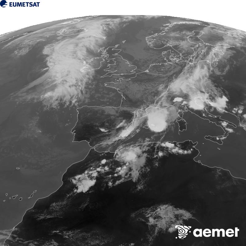 Esta imaxe x�rase utilizando informaci�n da canle Infravermella 10.5 �m do sat�lite METEOSAT-12, pertencente � terceira xeraci�n de sat�lites Meteosat (MTG). Para que a imaxe se asemelle m�is � percepci�n do ollo humano, a escala de grises est� investida. As horas indicadas ref�rense � pen�nsula (unha hora menos nas Illas Canarias).&nbsp;m�rcores, 9 setembro  2026 17:00