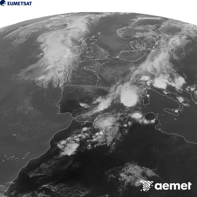 Esta imaxe x�rase utilizando informaci�n da canle Infravermella 10.5 �m do sat�lite METEOSAT-12, pertencente � terceira xeraci�n de sat�lites Meteosat (MTG). Para que a imaxe se asemelle m�is � percepci�n do ollo humano, a escala de grises est� investida. As horas indicadas ref�rense � pen�nsula (unha hora menos nas Illas Canarias).&nbsp;m�rcores, 9 setembro  2026 18:00