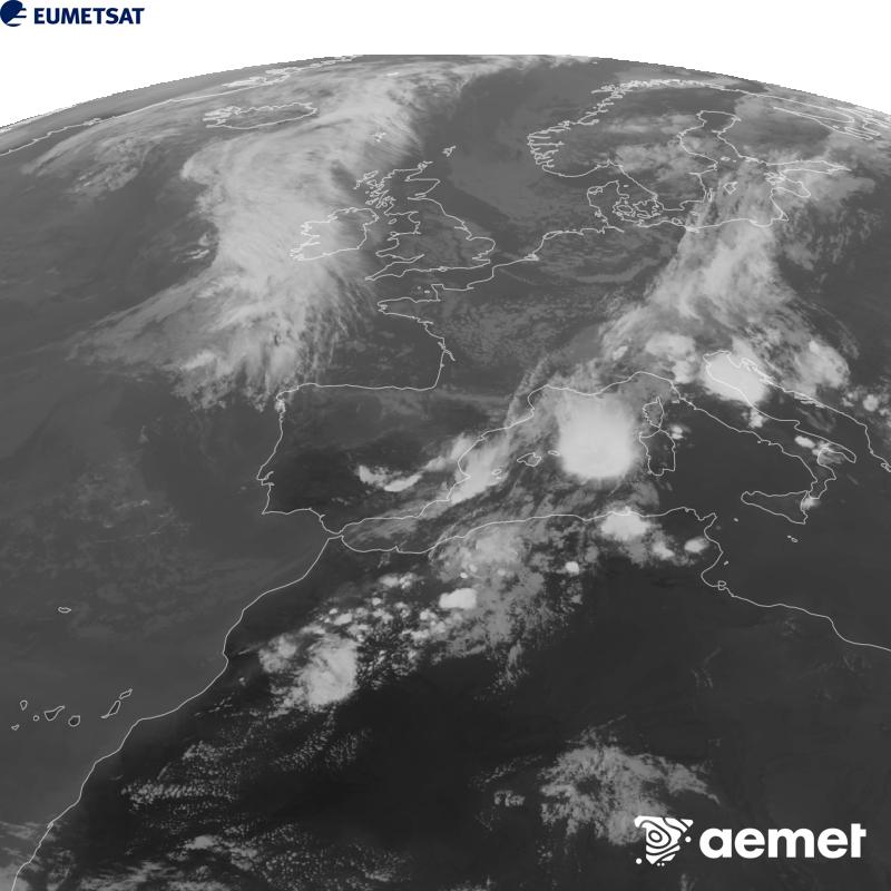 Esta imaxe x�rase utilizando informaci�n da canle Infravermella 10.5 �m do sat�lite METEOSAT-12, pertencente � terceira xeraci�n de sat�lites Meteosat (MTG). Para que a imaxe se asemelle m�is � percepci�n do ollo humano, a escala de grises est� investida. As horas indicadas ref�rense � pen�nsula (unha hora menos nas Illas Canarias).&nbsp;m�rcores, 9 setembro  2026 19:00