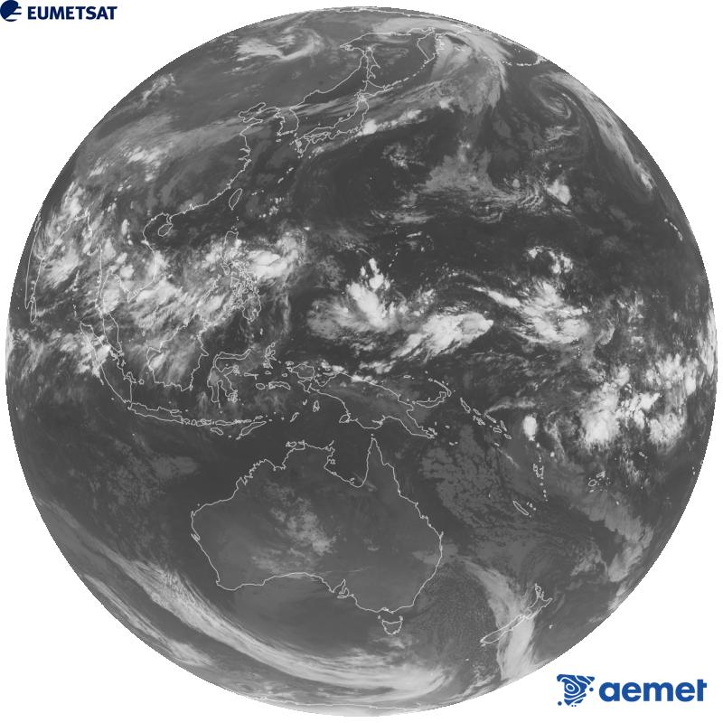 Japoniako Himawari-9 satelite geoegonkorraren kanal infragorriaren irudi globala (10.4 �m uhin-luzera). Ordu horiek penintsulari dagozkio (ordubete gutxiago Kanariar Uharteetan).&nbsp;asteazkena, 2026ko irailak 09, ordua: 20:00