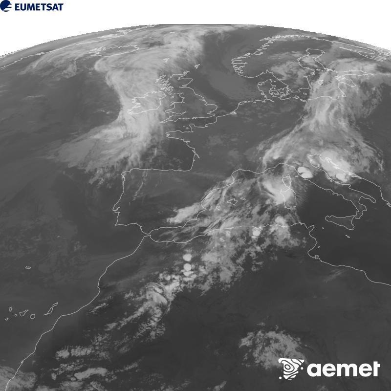 Esta imaxe x�rase utilizando informaci�n da canle Infravermella 10.5 �m do sat�lite METEOSAT-12, pertencente � terceira xeraci�n de sat�lites Meteosat (MTG). Para que a imaxe se asemelle m�is � percepci�n do ollo humano, a escala de grises est� investida. As horas indicadas ref�rense � pen�nsula (unha hora menos nas Illas Canarias).&nbsp;m�rcores, 9 setembro  2026 22:00