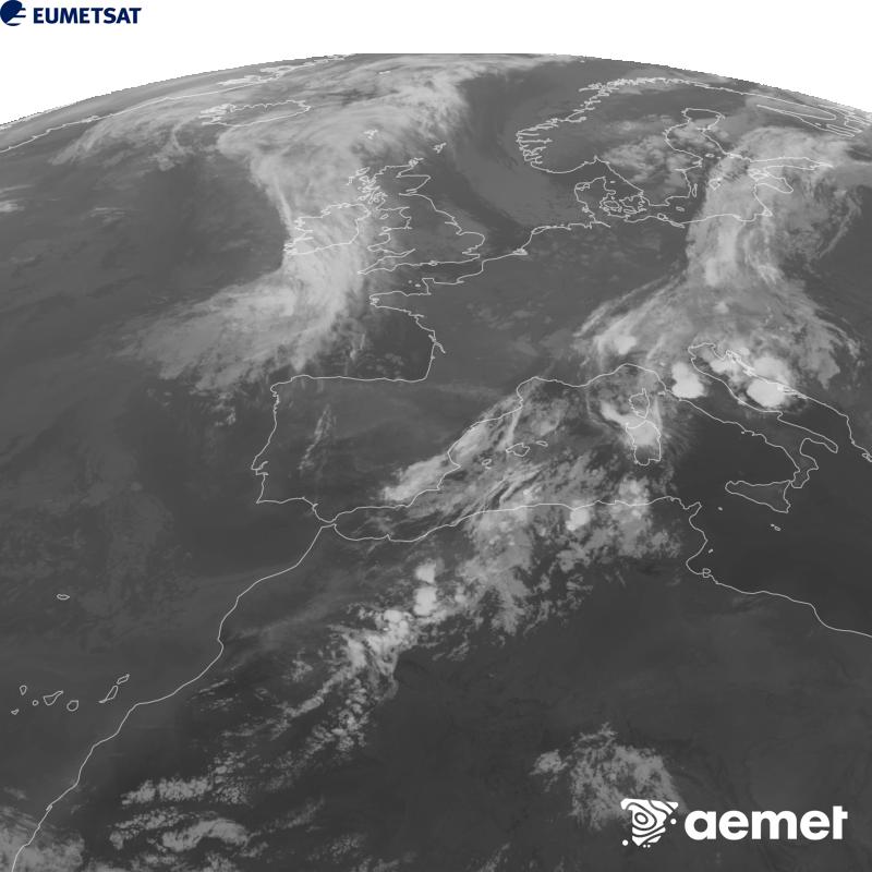Esta imaxe x�rase utilizando informaci�n da canle Infravermella 10.5 �m do sat�lite METEOSAT-12, pertencente � terceira xeraci�n de sat�lites Meteosat (MTG). Para que a imaxe se asemelle m�is � percepci�n do ollo humano, a escala de grises est� investida. As horas indicadas ref�rense � pen�nsula (unha hora menos nas Illas Canarias).&nbsp;m�rcores, 9 setembro  2026 23:00